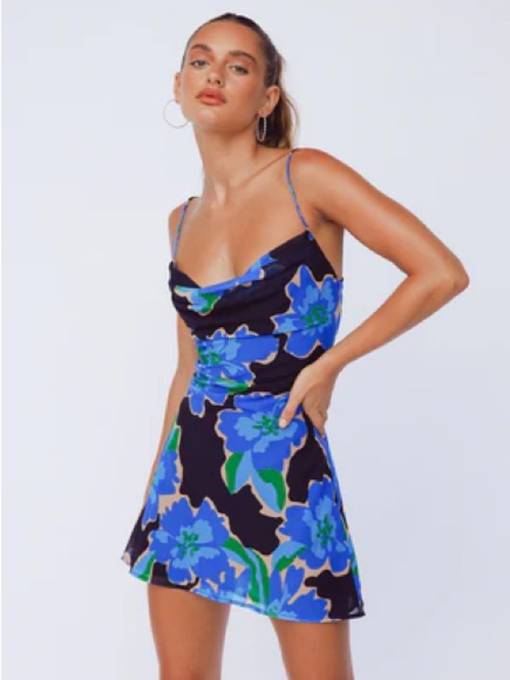 NWT Runaway the Label Blue Floral Drape Chest Black Mini Dress M